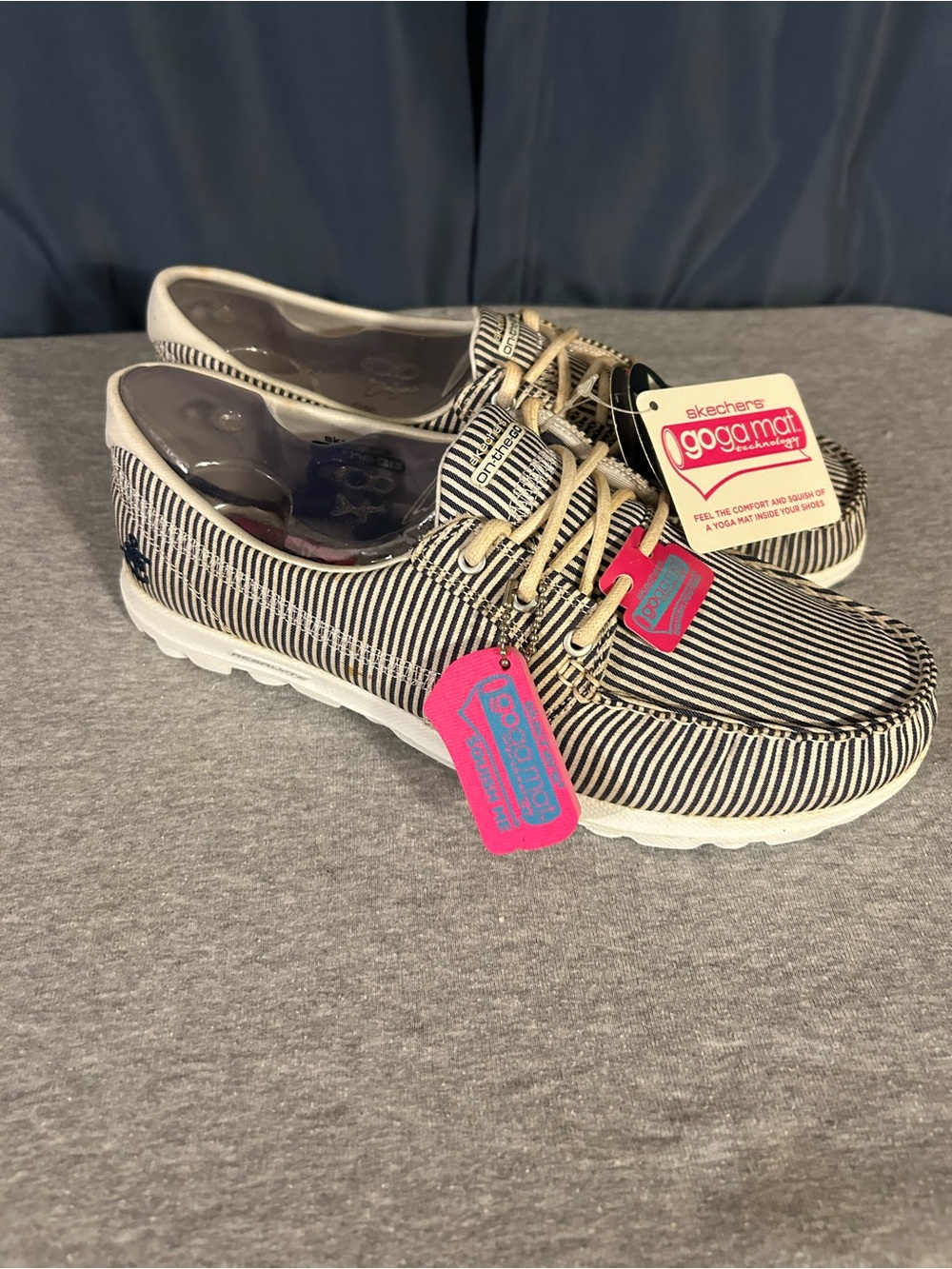 Skechers Women's Black & White Striped Slip-On Moccasins (yoga mat)